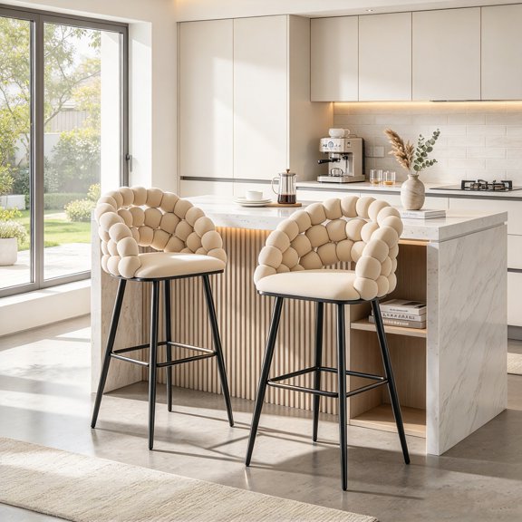 AUU Bubble Counter Height Bar Stools Set of 2, Modern Velvet Cloud Bar Chairs with Matte Metal Legs, Upholstered Padded Breakfast Stools for Kitchen Island & Home Bar
