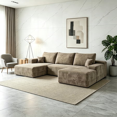 AUU Camel 107" U-Shaped Cloud Sectional Sofa with Ottoman – No Assembly Required, Deep Seat Plush Corduroy Corner Couch for Living Room