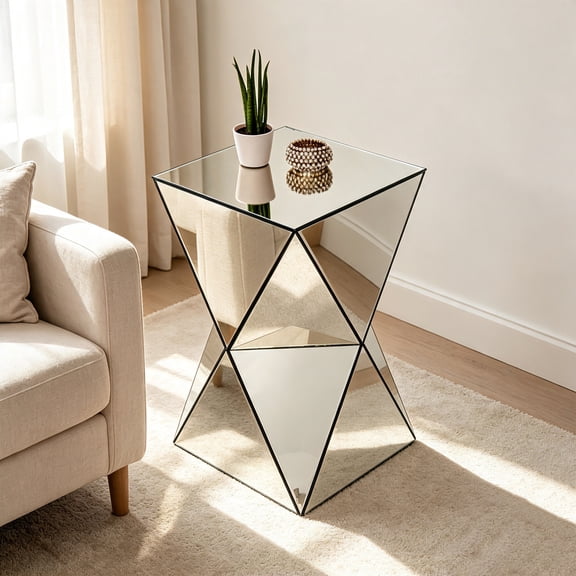 AUU Champagne Mirrored Geometric Side Table Modern Luxe Accent End Table, Reflective Nightstand for Living Room, Bedroom, or Sofa Side