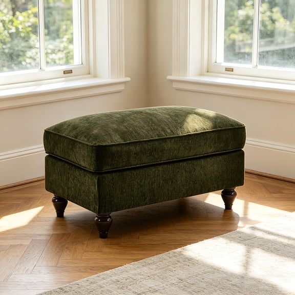 AUU Chenille Ottoman, Green Upholstered Footstool for Living Room or Bedroom