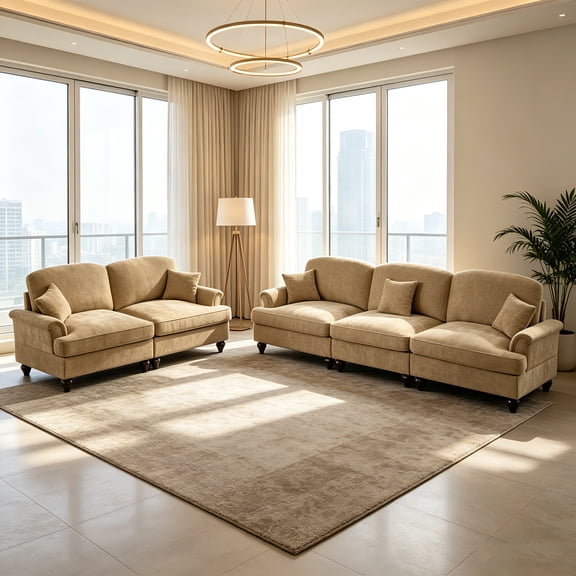 AUU Classic 2-Piece Modular Sofa Set, 3-Seat Sofa + 2-Seat Loveseat with Flared Arms, Removable Ruffled Pleated Skirt, and Spindle Legs for Living Room