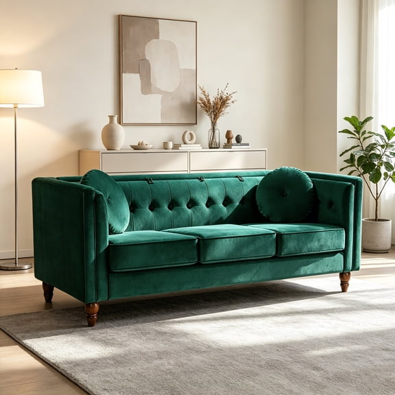 AUU Classic 3-Seat Chesterfield Sofa with Modern Clean-Line Tufted Design, Square Arms & Tapered Wood Legs – Crushed Velvet Upholstered Couch for Living Room
