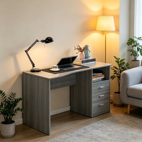 AUU Classic Grey Computer Desk with 3 Drawers and Side Shelf  Drafting Table or Large Workstation