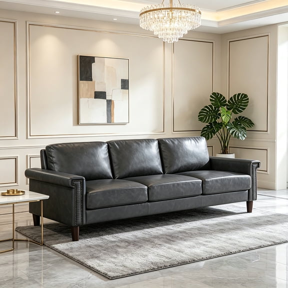 AUU Classic Traditional 3-Seater Sofa in Chocolate Faux Leather – Nailhead Trim Accent, Upholstered Living Room Couch