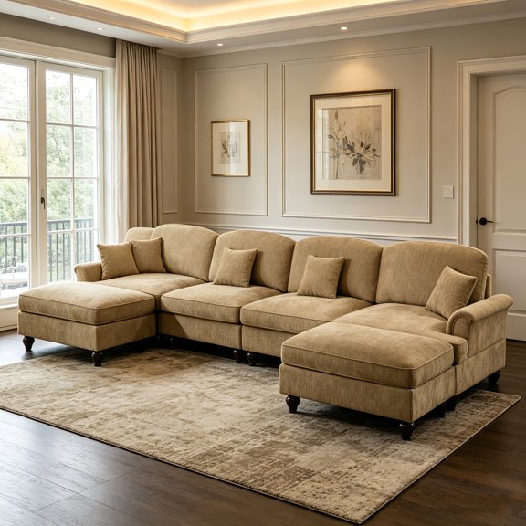 AUU Classic U-Shape 4-Seater Modular Sectional Sofa, Chenille Deep Seat Cloud Couch with Flared Arms, Removable Ruffled Skirt, Spindle Legs, and Movable Ottomans