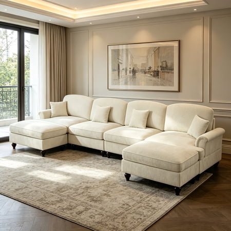 AUU Classic U-Shape 4-Seater Modular Sectional Sofa, Chenille Deep Seat Cloud Couch with Flared Arms, Removable Ruffled Skirt, Spindle Legs, and Movable Ottomans