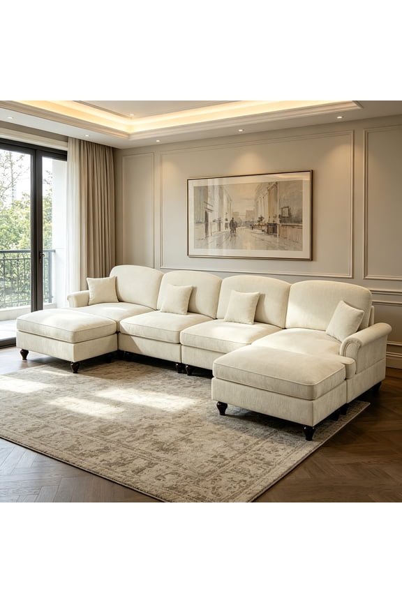 AUU Classic U-Shape 4-Seater Modular Sectional Sofa, Chenille Deep Seat Cloud Couch with Flared Arms, Removable Ruffled Skirt, Spindle Legs, and Movable Ottomans