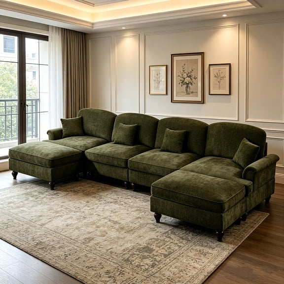 AUU Classic U-Shape 4-Seater Modular Sectional Sofa, Chenille Deep Seat Cloud Couch with Flared Arms, Removable Ruffled Skirt, Spindle Legs, and Movable Ottomans