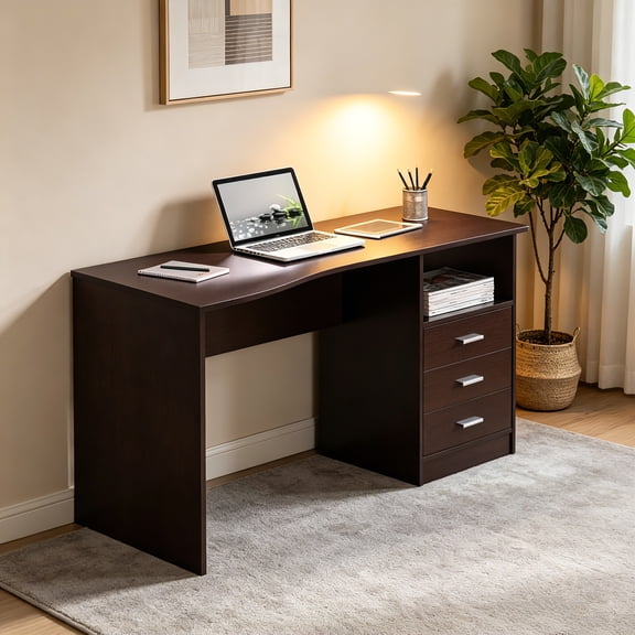 AUU Classic Wenge Computer Desk with 3 Drawers and Side Shelf  Drafting Table or Large Workstation