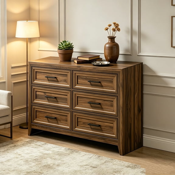 AUU Contemporary Brown Finish Wooden Dresser  6 Drawer Chest with Geometric Design