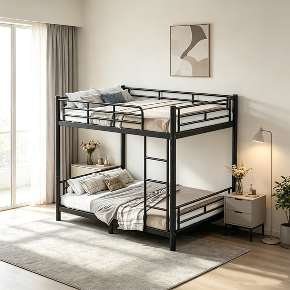 AUU Convertible Full-Over-Full Metal Bunk Bed for Various Users Space-Saving Split-Design Frame with Noise Reduction, Round Tube Construction, No Box Spring Needed, Black