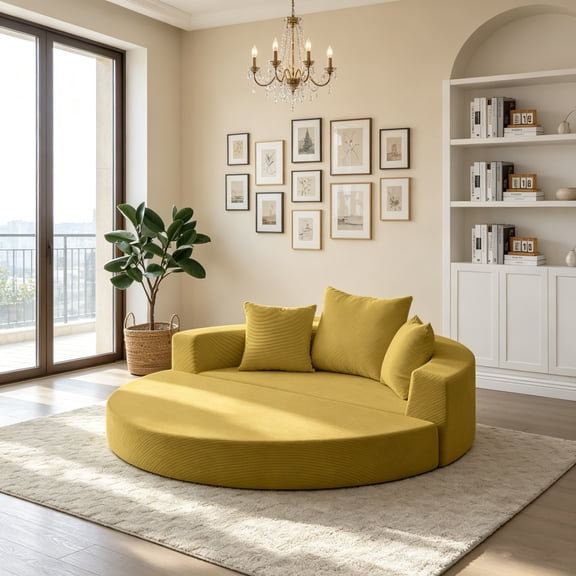 AUU Convertible Sofa Bed, Multi-Functional Circular Futon Couch, Adjustable No-Assembly Compressed Corduroy Floor Lounge for Apartment, Office, Bedroom, or Living Room