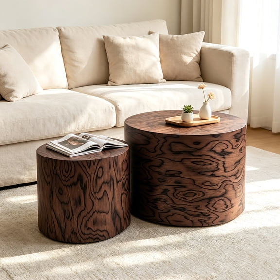 AUU Dark Brown 2-Piece Nesting Round Coffee Table Set with Tree Stump Drum Design No Assembly, Natural Swirl Grain Rustic Accent Side Table for Living Room, Modern Farmhouse Wabi-Sabi Decor