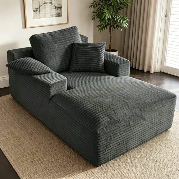 AUU Dark Grey Striped Corduroy Oversized Chaise Lounge  Vacuum Compressed Armless Single Sofa Chair with Pillows