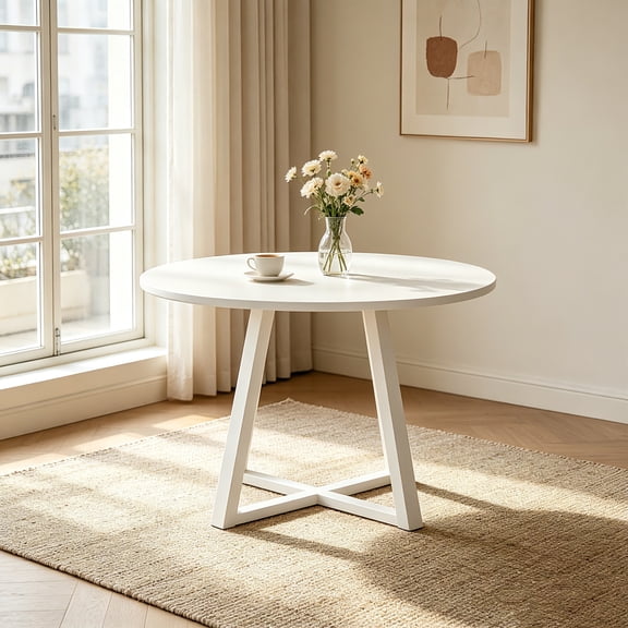 AUU Edo Contemporary Round Dining Table, Trestle Base, White Finish