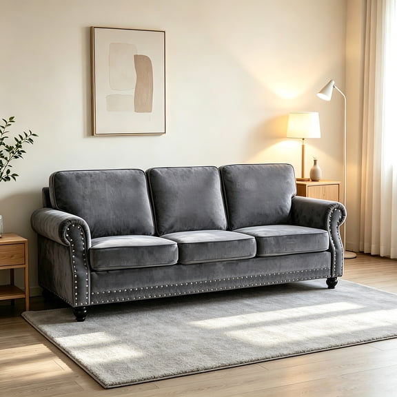 AUU Elegant 3-Seater Traditional Velvet Sofa with Nailhead Trim & Solid Wood Turned Legs – Classic Upholstered Couch for Living Room, Den, or Formal Living Space