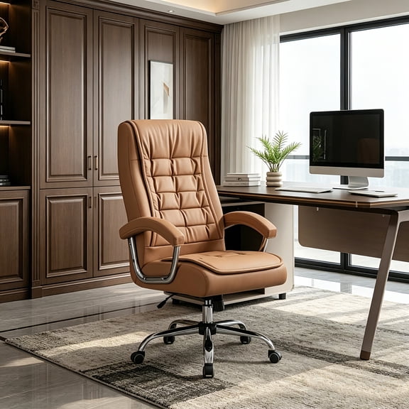 AUU Executive High Back PU Leather Office Desk Chair with Spring Seat Cushion, Ergonomic Swivel Computer Chair with Chrome Armrests, 350 lbs Capacity for Home Office