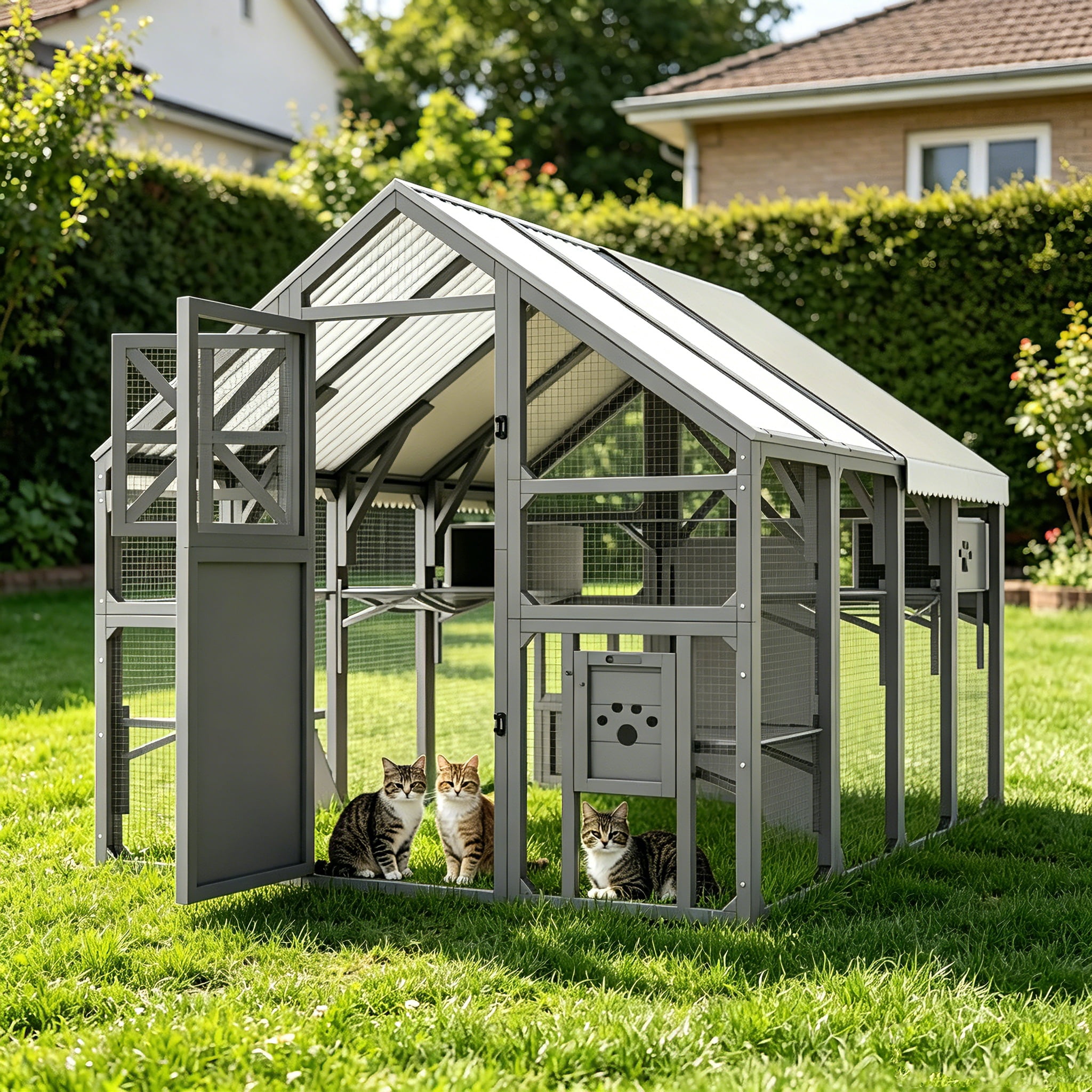 AUU Extra Large Walk-In Catio for Multiple Cats, Outdoor Cat Enclosure with Bridges, PVC Roof, Weatherproof Cover, 8 Platforms, and 2 Resting Boxes