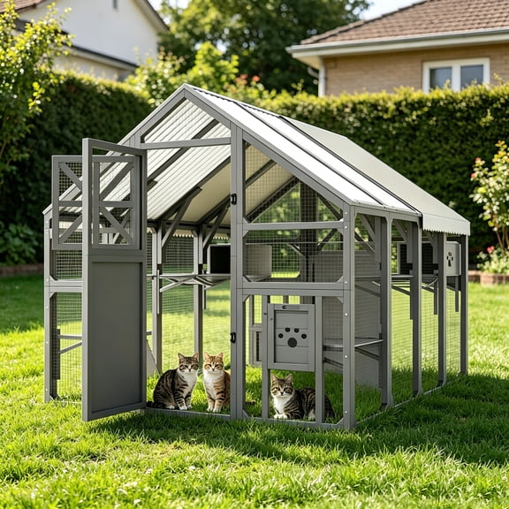 AUU Extra Large Walk-In Catio for Multiple Cats, Outdoor Cat Enclosure with Bridges, PVC Roof, Weatherproof Cover, 8 Platforms, and 2 Resting Boxes