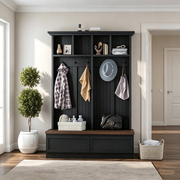 AUU Farmhouse 4-in-1 Hall Tree with Wood Grain Bench, Mudroom Coat Rack with 2 Large Drawers, Entrance Organizer for Hallway or Living Room, Blue, 55.9 Inches Wide