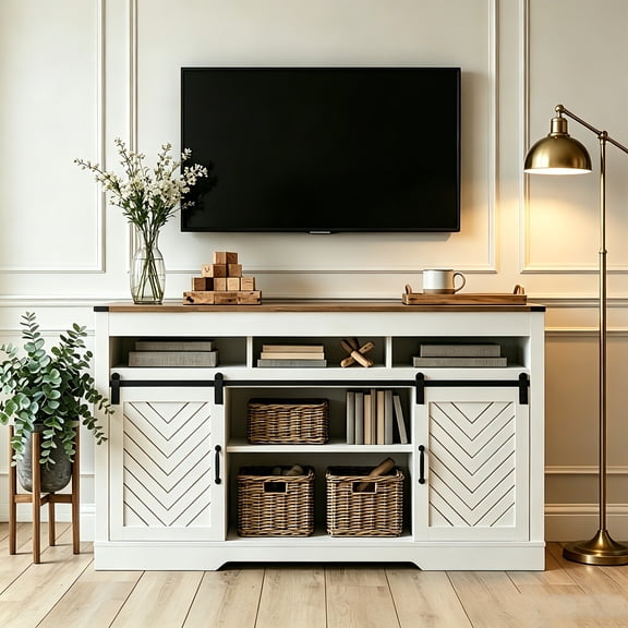 AUU Farmhouse 58-Inch TV Stand for 65-Inch and Larger TVs  White & Oak Finish with Sliding Barn Doors and Storage Console