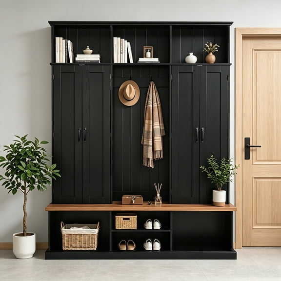 AUU Farmhouse 62.2-Inch Entryway Hall Tree with Bench, 3 Top Cubbies, and Bottom Storage  Coat Rack with Hooks and Cabinets for Hallway, Mudroom, or Living Room