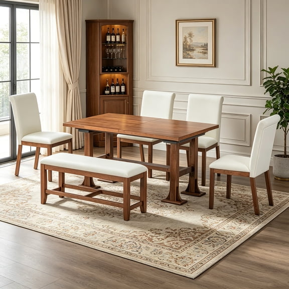 AUU Farmhouse 76-Inch 6-Piece Extendable Trestle Dining Table Set with 18-Inch Removable Leaf, Includes Upholstered Chairs and Bench for Dining Room, Brown and Ivory