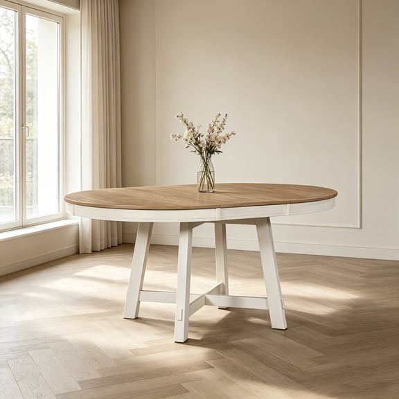 AUU Farmhouse Round Extendable Dining Table, Wood Kitchen Table with 16-Inch Removable Leaf