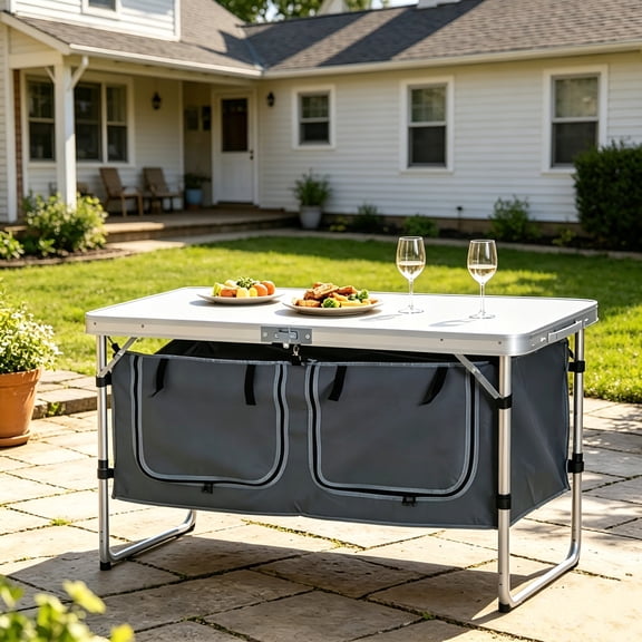 AUU Foldable 3-Position Height Adjustable Camping Table Lightweight Outdoor Fishing & Picnic Table with Storage Cartons, Roll-Up Door, Tool-Free Assembly for Backyard or Tailgating