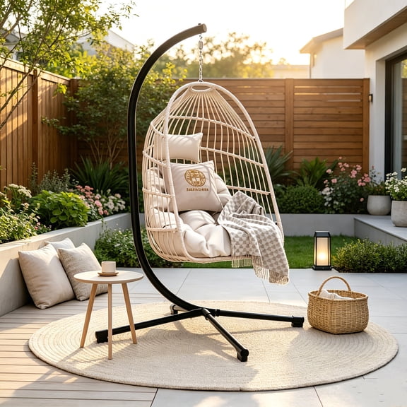AUU Foldable Hanging Egg Chair with Stand, Cushion & Headrest  Heavy Duty Aluminum-Steel Frame, 350 lb Capacity, Weather-Resistant HDPE Rattan Wicker Swing for Patio, Garden, or Balcony