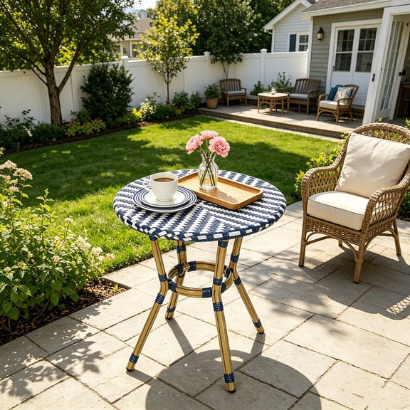 AUU French Bistro Table 21.75" Square, Aluminum Frame with PE Rattan Wicker, Rust-Resistant for Outdoor Cafe or Patio