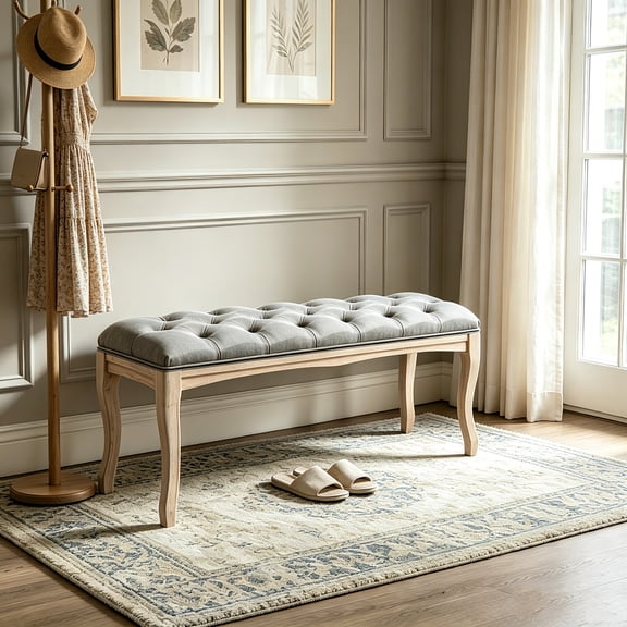AUU French Vintage Tufted 43.3-Inch Entryway Bench – Carved Wood Legs, Linen Upholstered Ottoman Seat for Bedroom, Living Room, or Dining Room