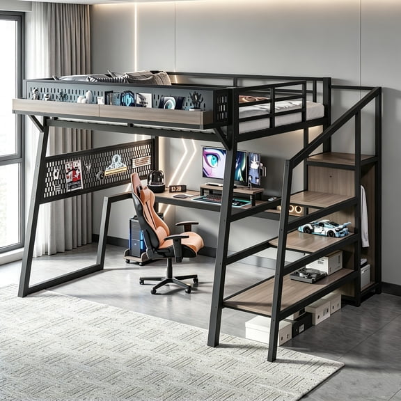 AUU Full Loft Bed with Storage Stairs, Wardrobe, Pegboard & USB/LED Lights Heavy-Duty Metal Gaming Frame with Shelves & Noise-Reduced Design for Dorm, Bedroom, or Studio