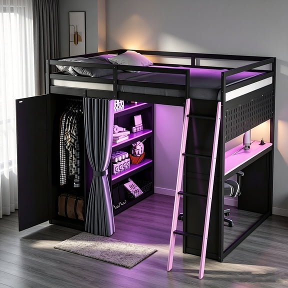AUU Full Size Black & Purple Wooden Loft Bed with Wardrobe, Open Shelves, Privacy Curtains & RGB LED Lighting Space-Saving Multi-Functional High Sleeper for Bedroom or Dorm