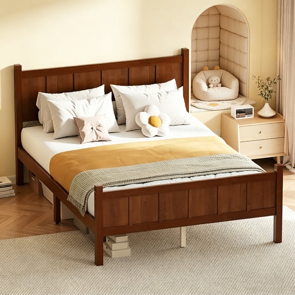 AUU Full Size Flat Panel Bed with Headboard and Footboard, Wood Grain Platform Bed, Shaker and Farmhouse Style, Sleek Bedroom Furniture