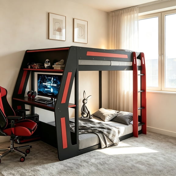 AUU Full Size Heavy-Duty Esports Loft Bed with Side-Mounted Oversized RGB Gaming Desk, LED Light Strip, USB Charging Ports & Cable Grommet – High-Tech Space-Saving Workstation for Gamers