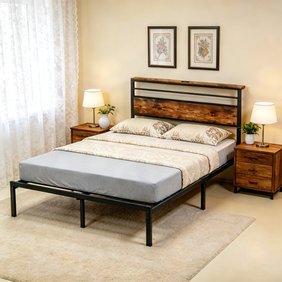 AUU Full Size Industrial Platform Bed Frame with Wood Headboard, LED Lighting & Storage Shelves Sturdy Steel Slat Support, No Box Spring Needed, Easy Assembly