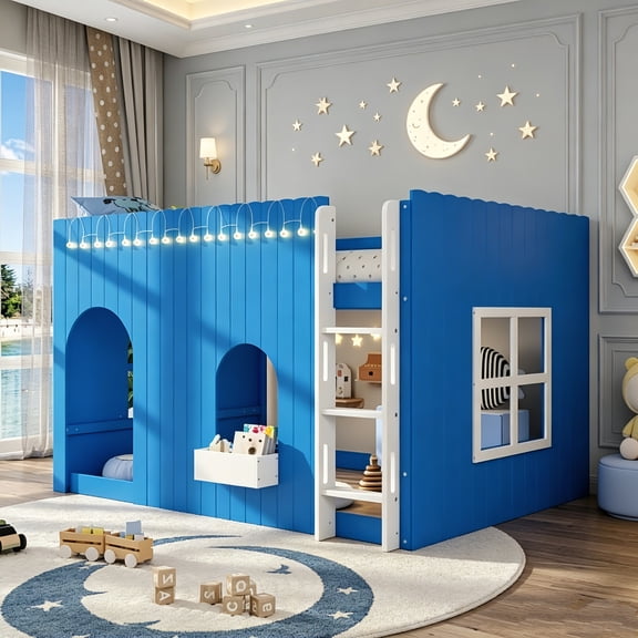 AUU Full Size Loft Bed with Warm LED Light String – Space-Saving Elevated Frame for Bedroom