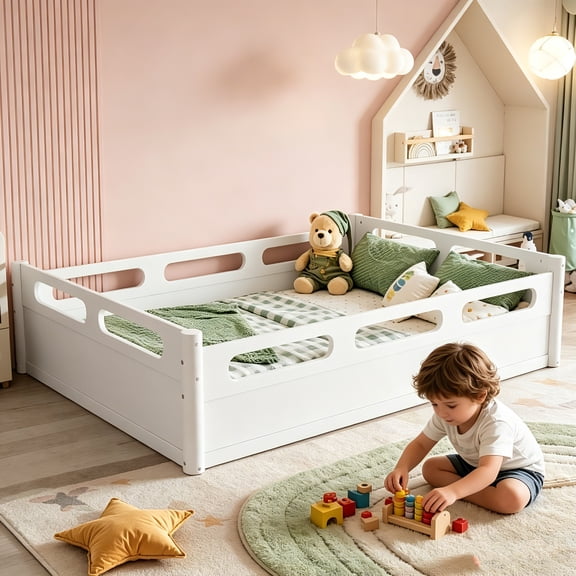 AUU Full Size Low Profile Floor Platform Bed with Full-Length Guardrails, No Box Spring Needed, Solid Support Slats