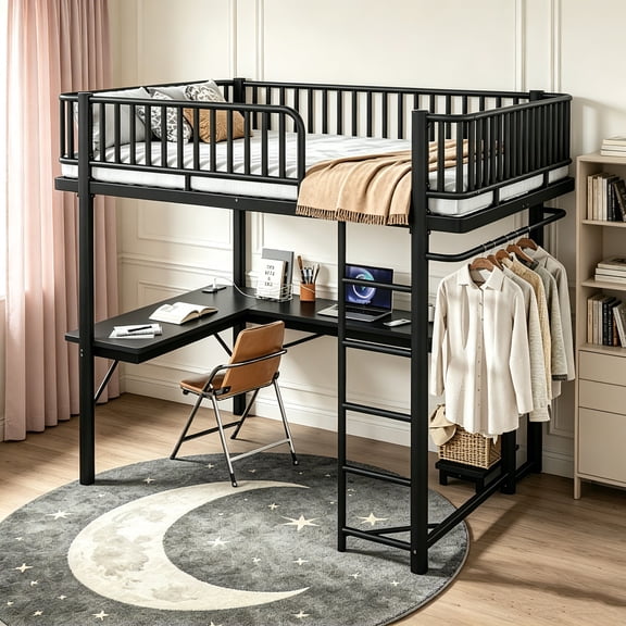 AUU Full Size Metal Loft Bed with L-Shaped Desk, LED Light Strip, Charging Station, Computer Tray & Hanging Area – Special Round Pipe Design