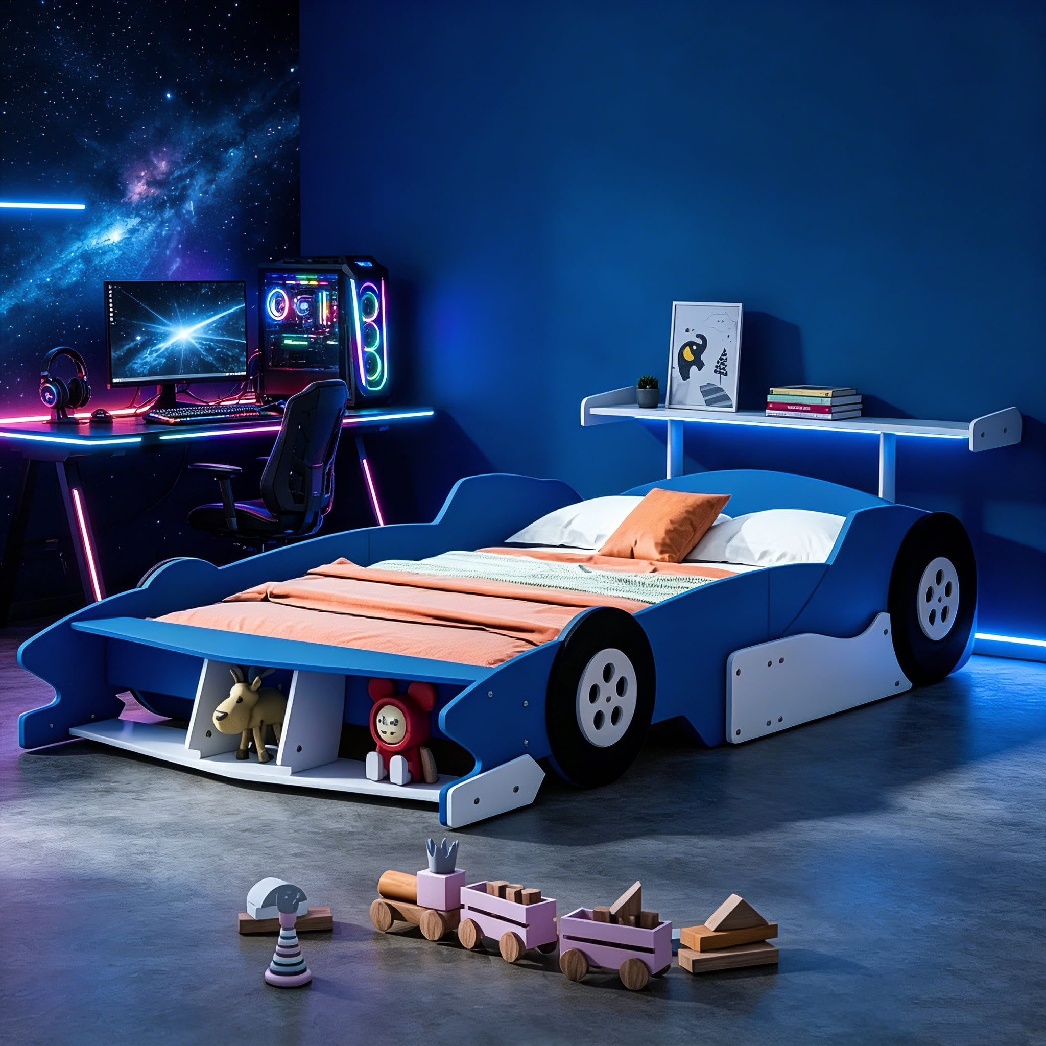 AUU Full Size Platform Bed with Race Car Shape and Decorative Wheels, No Box Spring Needed