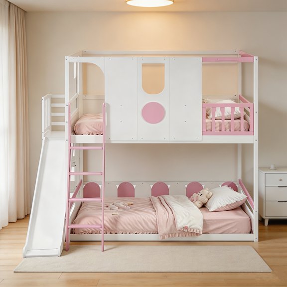 AUU Full Size Playhouse-Style Loft Bed with Slide, Storage Shelves & Safety Guardrails – Space-Saving Multi-Functional Frame for Bedroom, Guest Room, or Apartment