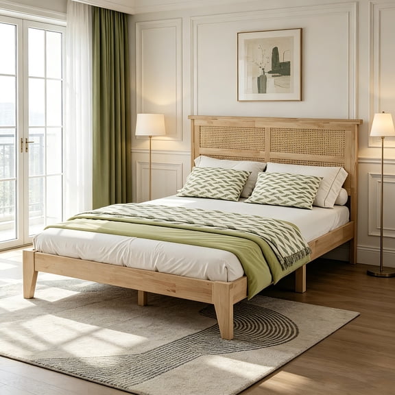AUU Full Size Solid Wood Bed with Rattan Headboard, Rubberwood Frame, Central Support Beams and Enhanced Feet, Natural Finish
