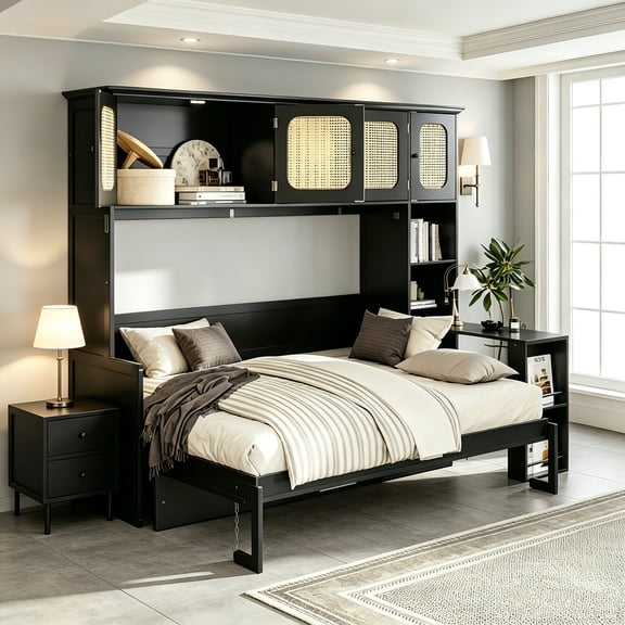 AUU Full Size Wall-Mounted Murphy Bed with Built-in Desk & Rattan Cabinets Space-Saving Fold-Down Bed for Home Office or Guest Room, Black