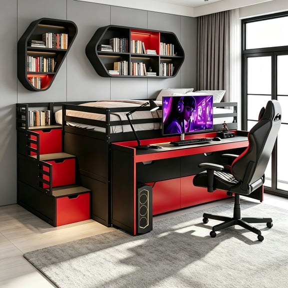 AUU Full XL Loft Bed with Pull-Out Desk and Twin Trundle – Multi-Functional Workstation Bed with 2 Storage Drawers & Storage Steps for Space-Saving Bedrooms
