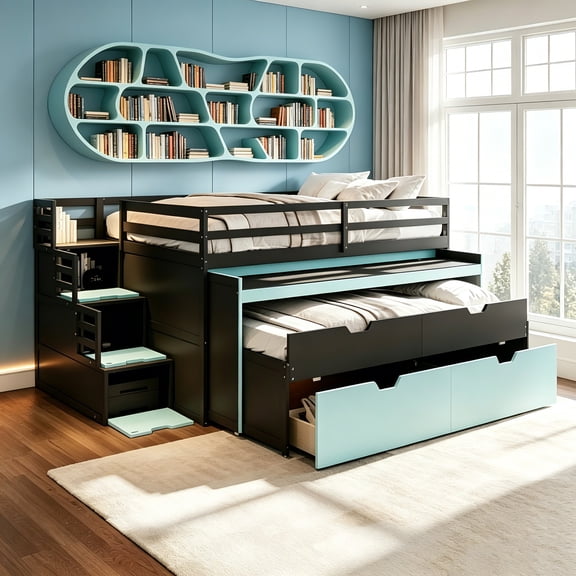 AUU Full XL Loft Bed with Pull-Out Desk and Twin Trundle – Multi-Functional Workstation Bed with 2 Storage Drawers & Storage Steps for Space-Saving Bedrooms