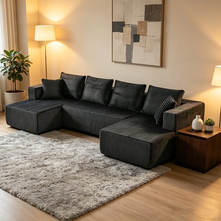 AUU Gray 132.1-Inch U-Shaped Modular Corduroy Sofa Couch with Double Chaise – Oversized Deep Seat Cloud Sectional for Living Room or Apartment