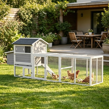 AUU Gray Wooden Large Outdoor Chicken Coop with Run, Nesting Box & Waterproof Anti-UV Panel – Poultry Cage and Rabbit Hutch for Backyard