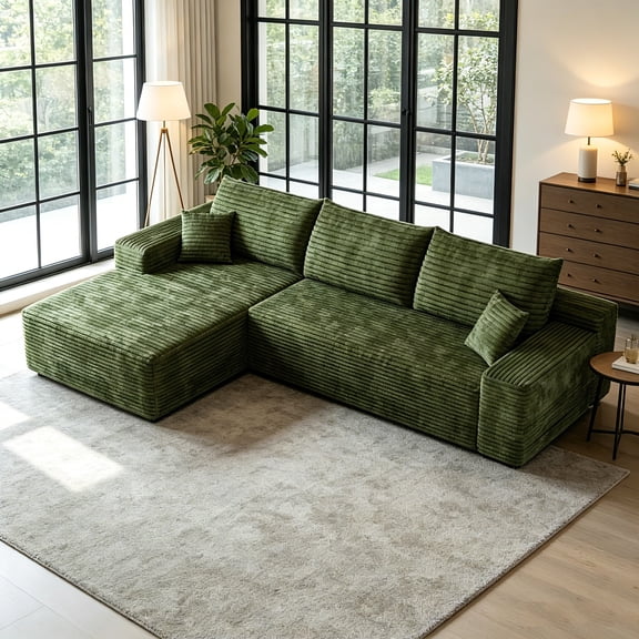 AUU Green 107" L-Shape Cloud Modular Sectional Sofa with Chaise  Deep Seat, Plush Corduroy Upholstered Couch, No Assembly Required for Living Room or Bedroom