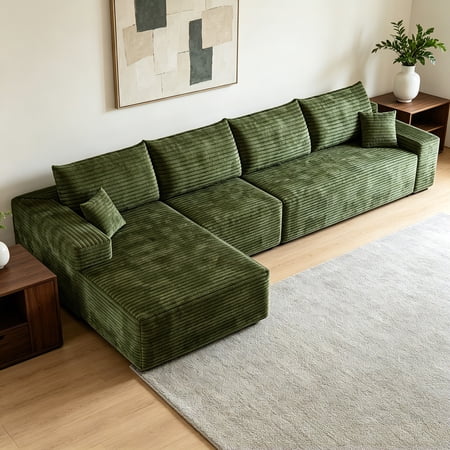 AUU Green 135" L-Shape Cloud Sectional Sofa with Chaise – Modern Modular Deep Seat Couch, Plush Corduroy Fabric, No Assembly Required for Living Room or Bedroom